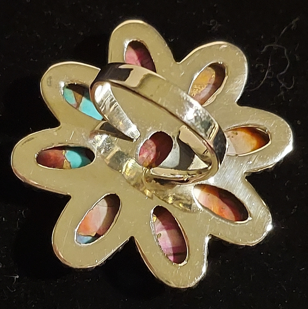 New Sterling Silver Large Flower Adjustable Ring in Pink Spiny Turquiose Dalia - Picture 8 of 8